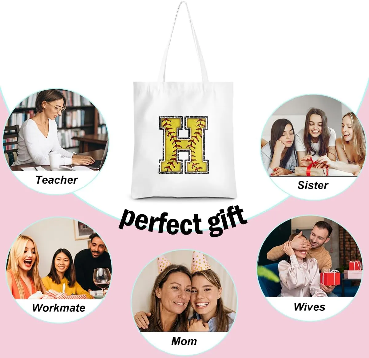 Softball Gifts Initial Tote Bag Reusable Grocery Bags Personalized Beach Bag Wedding Monogrammed Gifts for Women