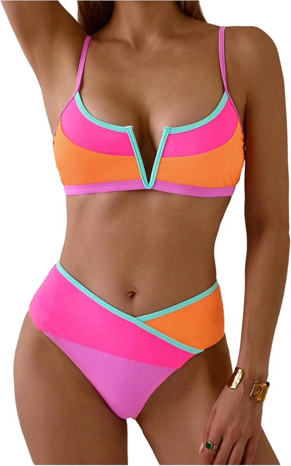 SOLY HUX Women's Color Block Bikini Set Spaghetti Strap V Wired Bathing Suit Summer Two Piece Swimsuit