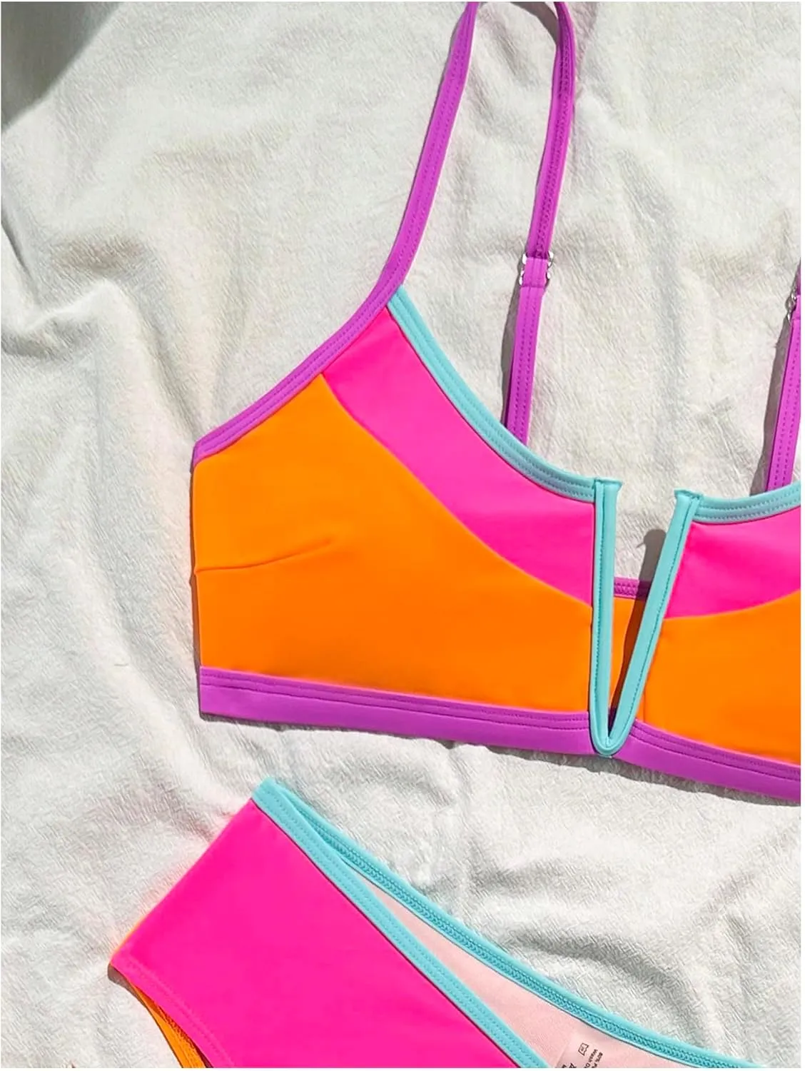 SOLY HUX Women's Color Block Bikini Set Spaghetti Strap V Wired Bathing Suit Summer Two Piece Swimsuit