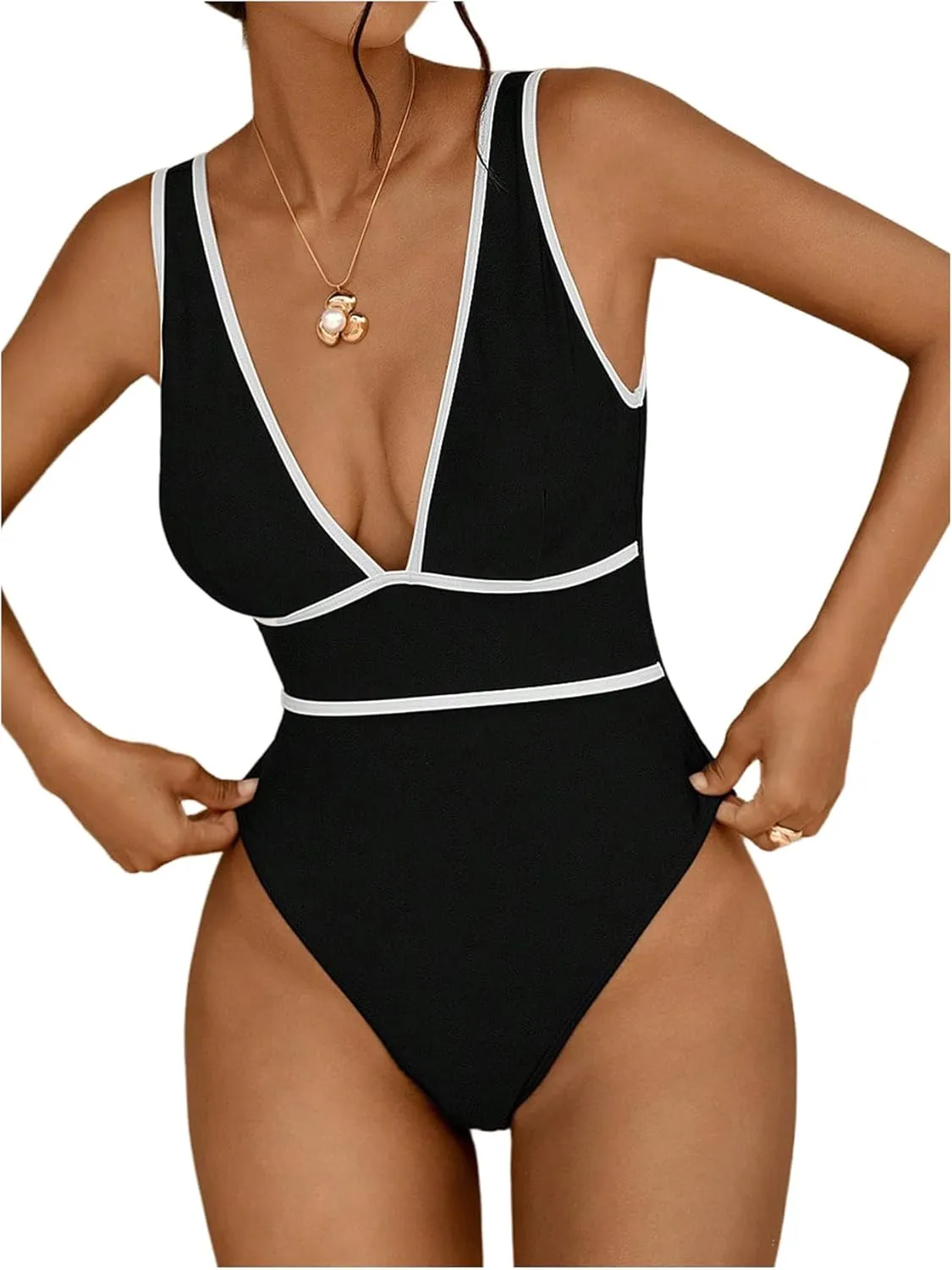 SOLY HUX Women's Deep V Neck One Piece Swimsuits Sleeveless Beach Vacation Monokini Bathing Suits
