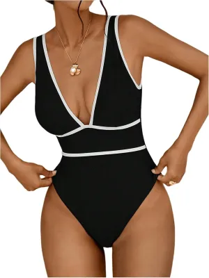 SOLY HUX Women's Deep V Neck One Piece Swimsuits Sleeveless Beach Vacation Monokini Bathing Suits