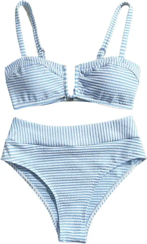 SOLY HUX Women's Two Piece Swimsuit Striped V Wired High Waisted Bikini Set Bathing Suit