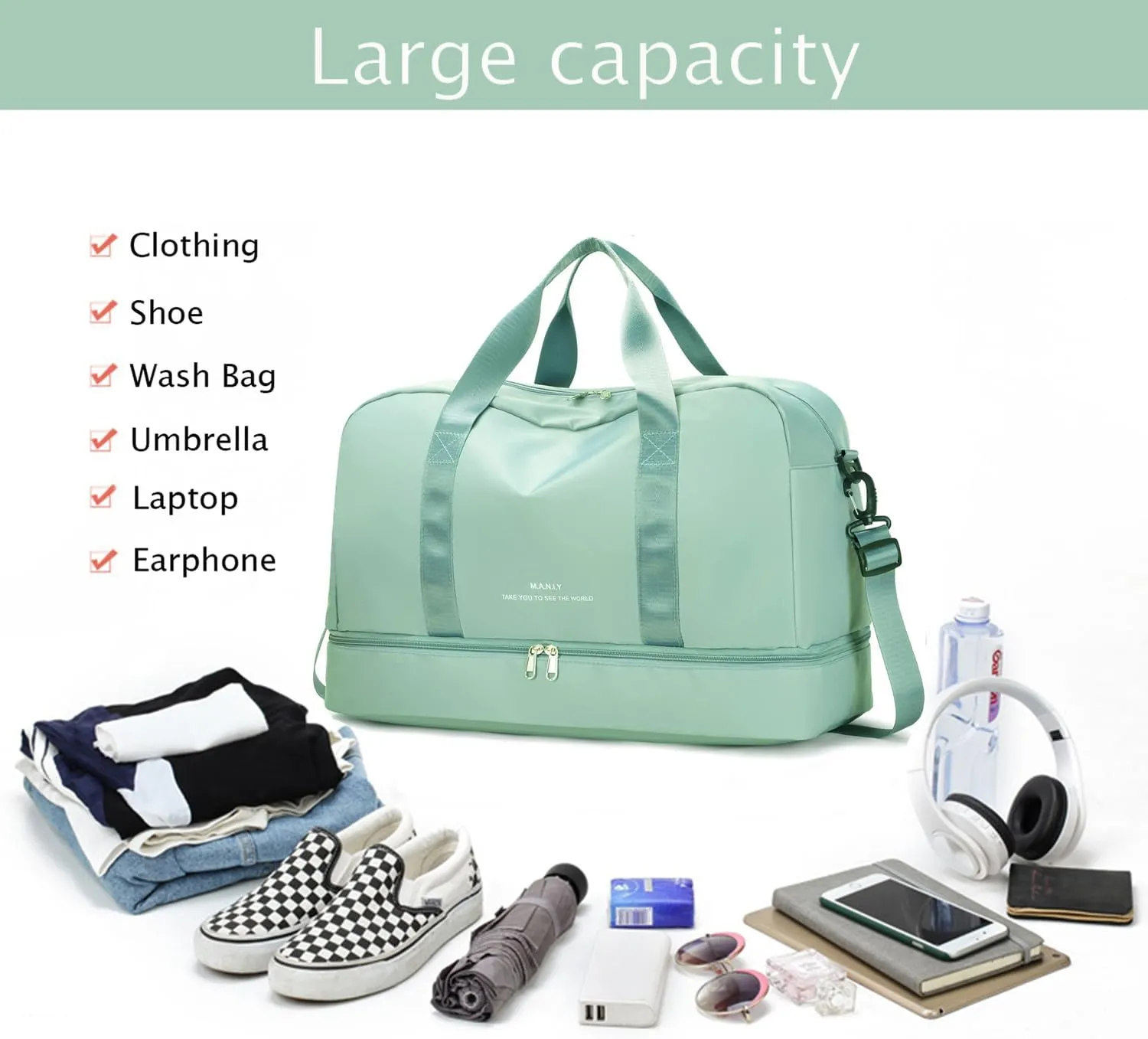 Sports Travel Duffel Bag for Women,Light Gym Bag with Shoe Compartment,Large Capacity Weekender Overnight with Wet Pocket for Lady Travel, Gym, Yoga Green