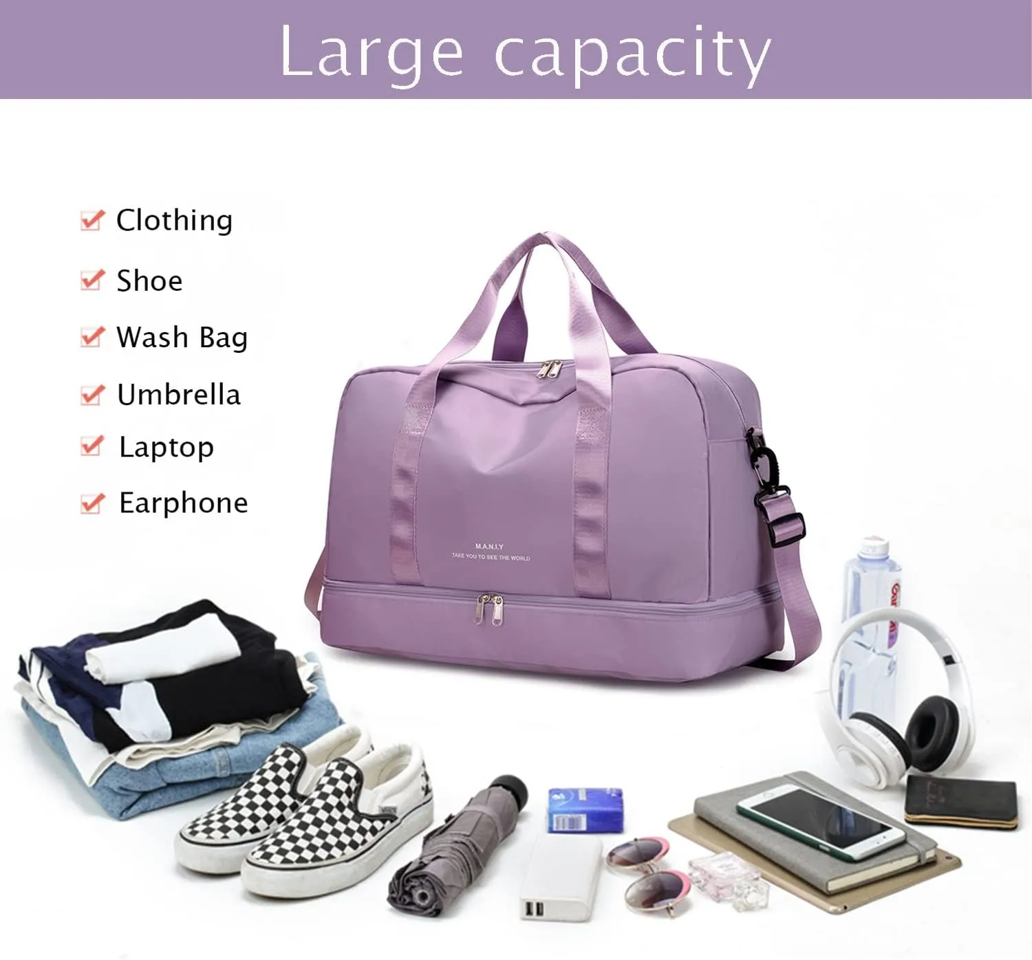Sports Travel Duffel Bag for Women,Light Gym Bag with Shoe Compartment,Large Capacity Weekender Overnight with Wet Pocket for Lady Travel, Gym, Yoga Purple