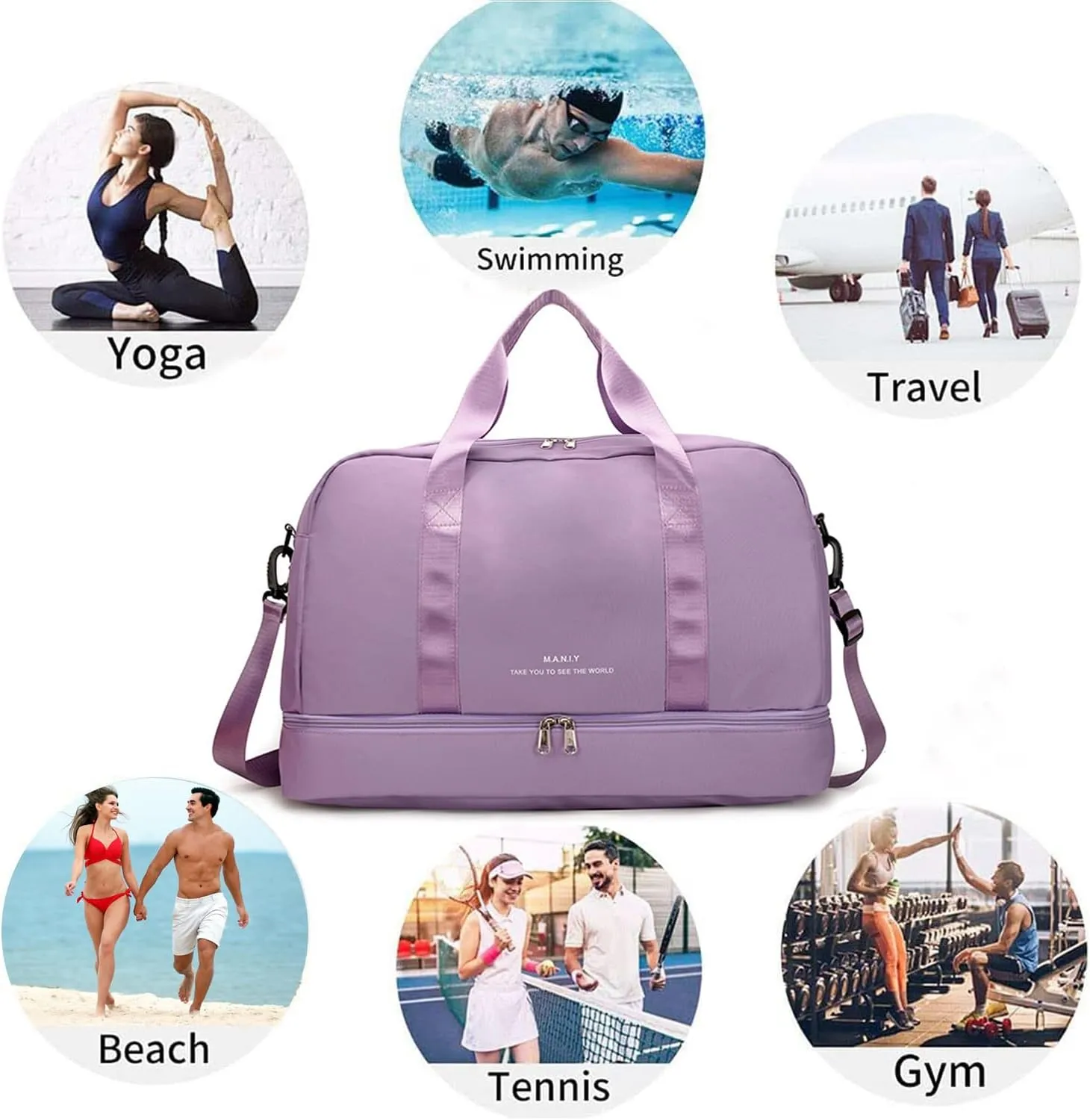 Sports Travel Duffel Bag for Women,Light Gym Bag with Shoe Compartment,Large Capacity Weekender Overnight with Wet Pocket for Lady Travel, Gym, Yoga Purple