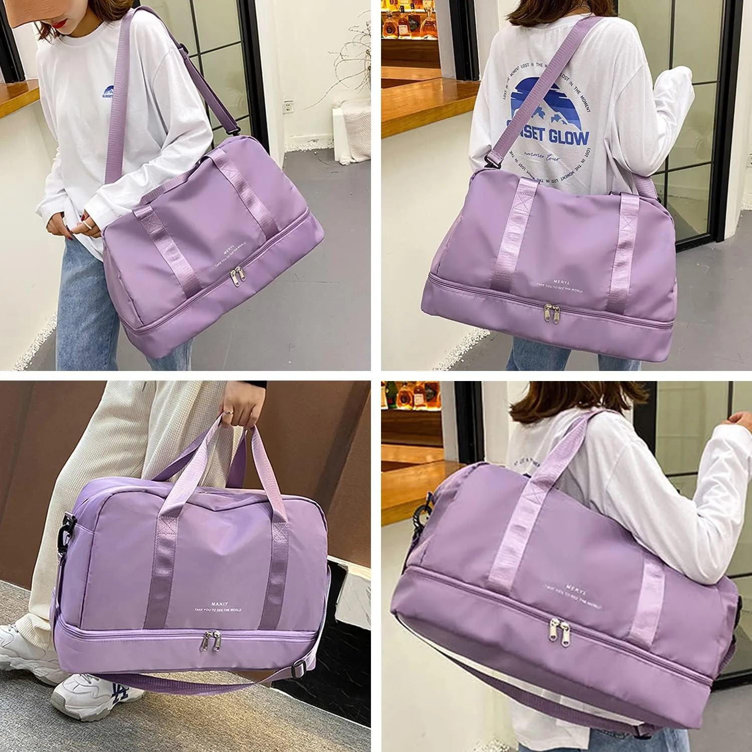 Sports Travel Duffel Bag for Women,Light Gym Bag with Shoe Compartment,Large Capacity Weekender Overnight with Wet Pocket for Lady Travel, Gym, Yoga Purple