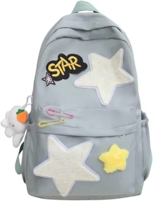 Star Aesthetic Backpack Large Capacity Cute Kawaii Japanese Y2k Backpack Cottagecore Laptop Bag with Cute Accessories (Blue)