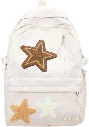 Star Backpack Y2K Backpack Preppy Backpack with y2k Accessories Cute Kawaii Backpack Star Patch Cancas Backpack (beige)