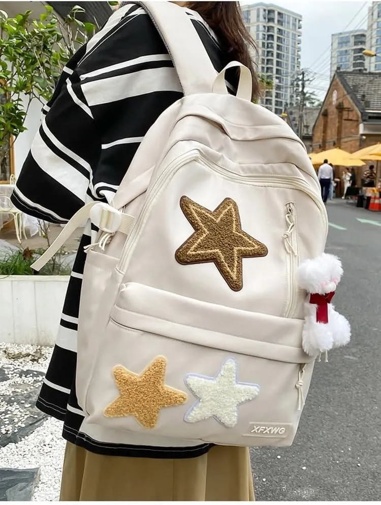 Star Backpack Y2K Backpack Preppy Backpack with y2k Accessories Cute Kawaii Backpack Star Patch Cancas Backpack (beige)