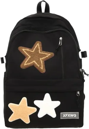 Star Backpack Y2K Backpack Preppy Backpack with y2k Accessories Cute Kawaii Backpack Star Patch Cancas Backpack (black)