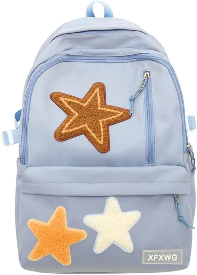 Star Backpack Y2K Backpack Preppy Backpack with y2k Accessories Cute Kawaii Backpack Star Patch Cancas Backpack (blue)