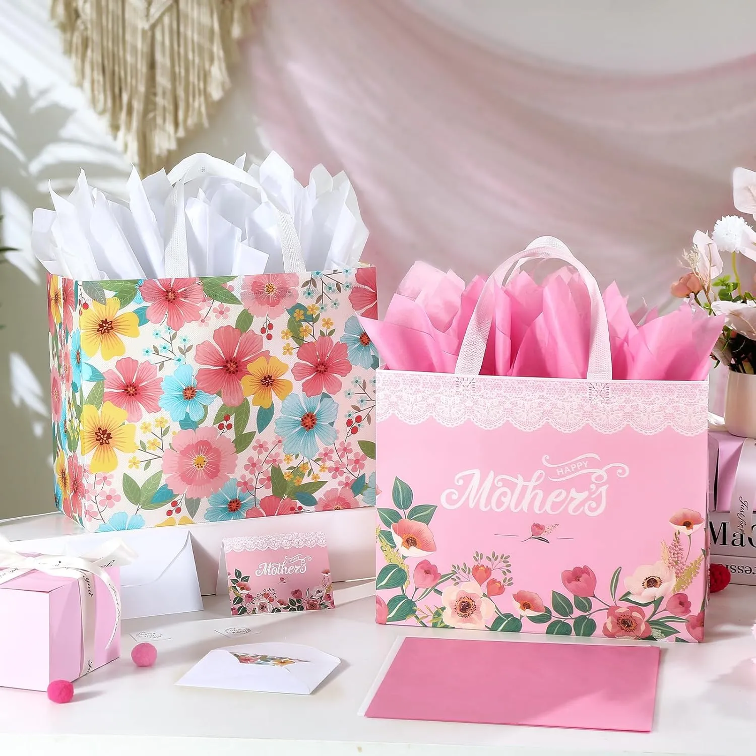 STYPOP 13" Mothers Day Gift Bags with Tissue Paper,2 Pack Large Mother's Day Bag Bulk,Reusable Gift Bags with Handles - Mothers Day Gifts for Mom,Grandma,Sister,Nana,Friends (Pink, White)