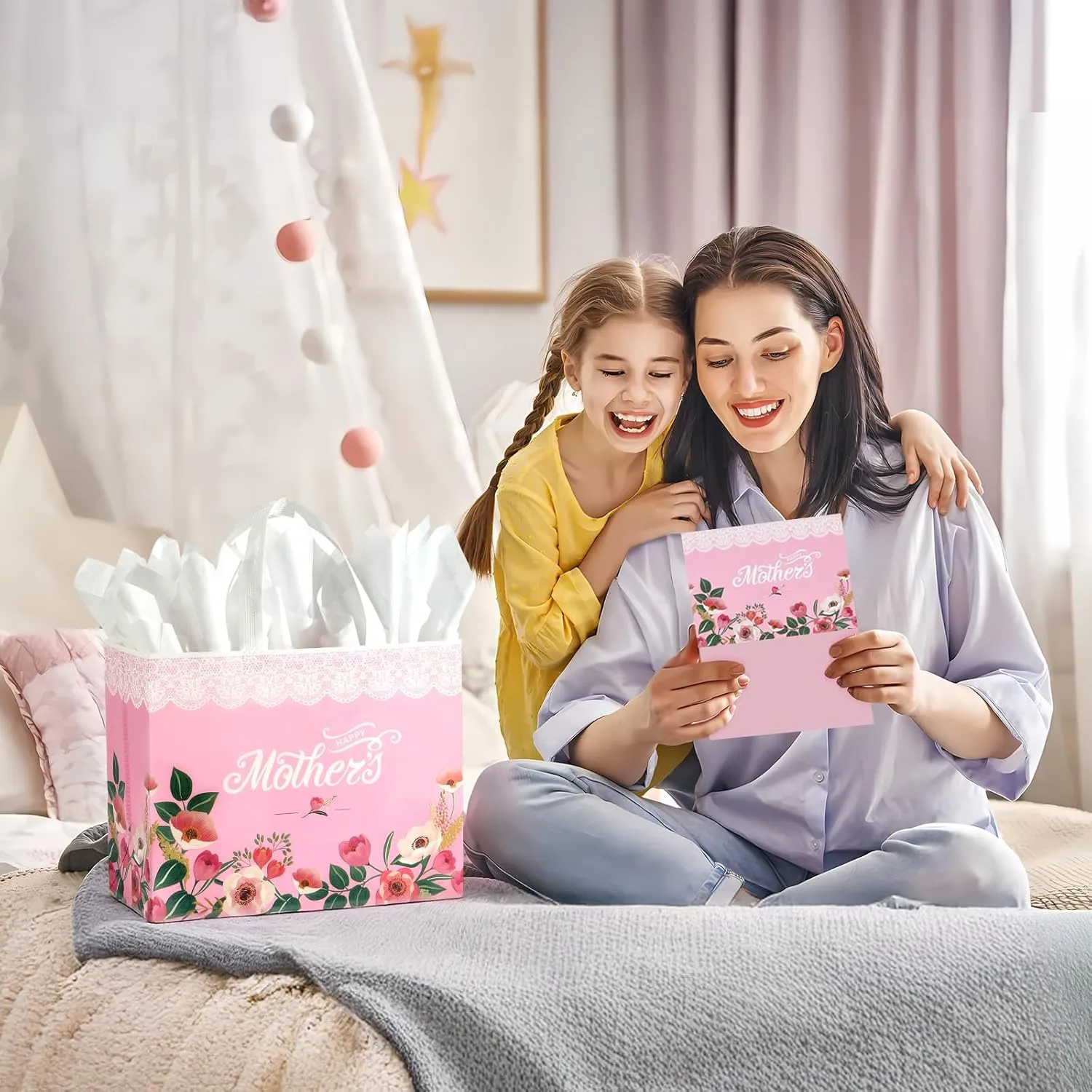 STYPOP 13" Mothers Day Gift Bags with Tissue Paper,2 Pack Large Mother's Day Bag Bulk,Reusable Gift Bags with Handles - Mothers Day Gifts for Mom,Grandma,Sister,Nana,Friends (Pink, White)