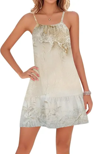 Summer Dress for Women Swimsuit Cover Up Crewneck Adjustable Straps Ruffle Beach Backless Mini Vacation Sundress