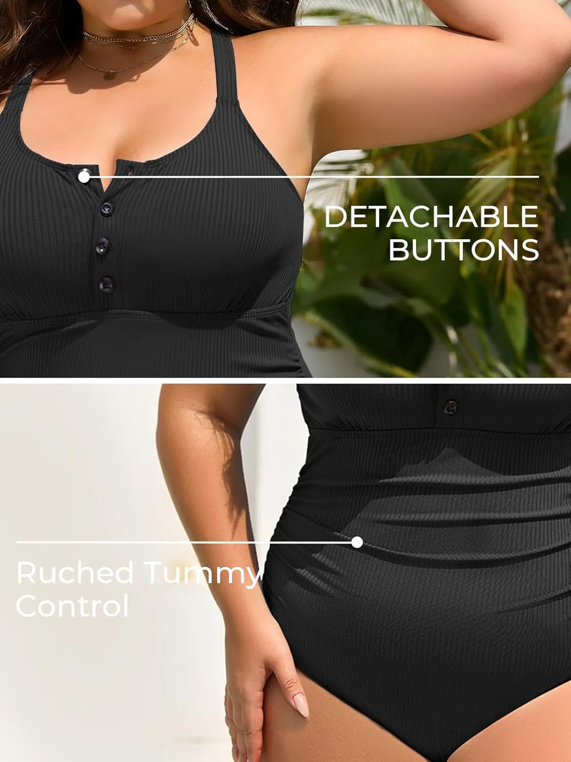 Summer Mae Ribbed Plus Size Swimsuit Women One Piece Button up Tummy Control Bathing Suit Retro 2025 Swimwear