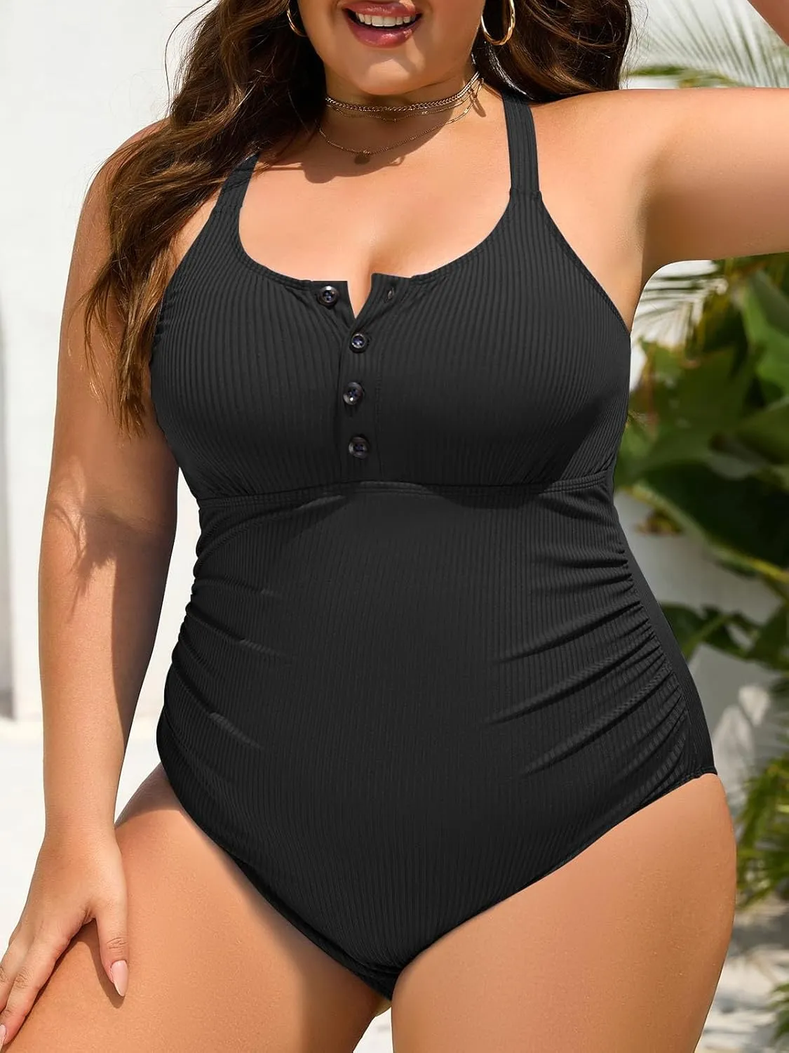 Summer Mae Ribbed Plus Size Swimsuit Women One Piece Button up Tummy Control Bathing Suit Retro 2025 Swimwear