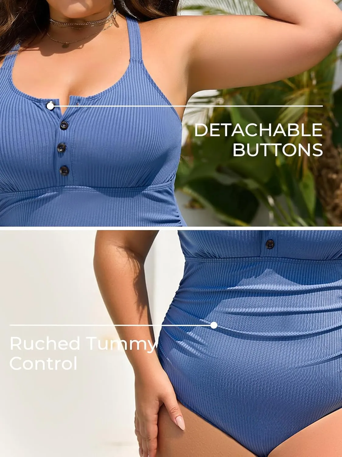 Summer Mae Ribbed Plus Size Swimsuit Women One Piece Button up Tummy Control Bathing Suit Retro 2025 Swimwear
