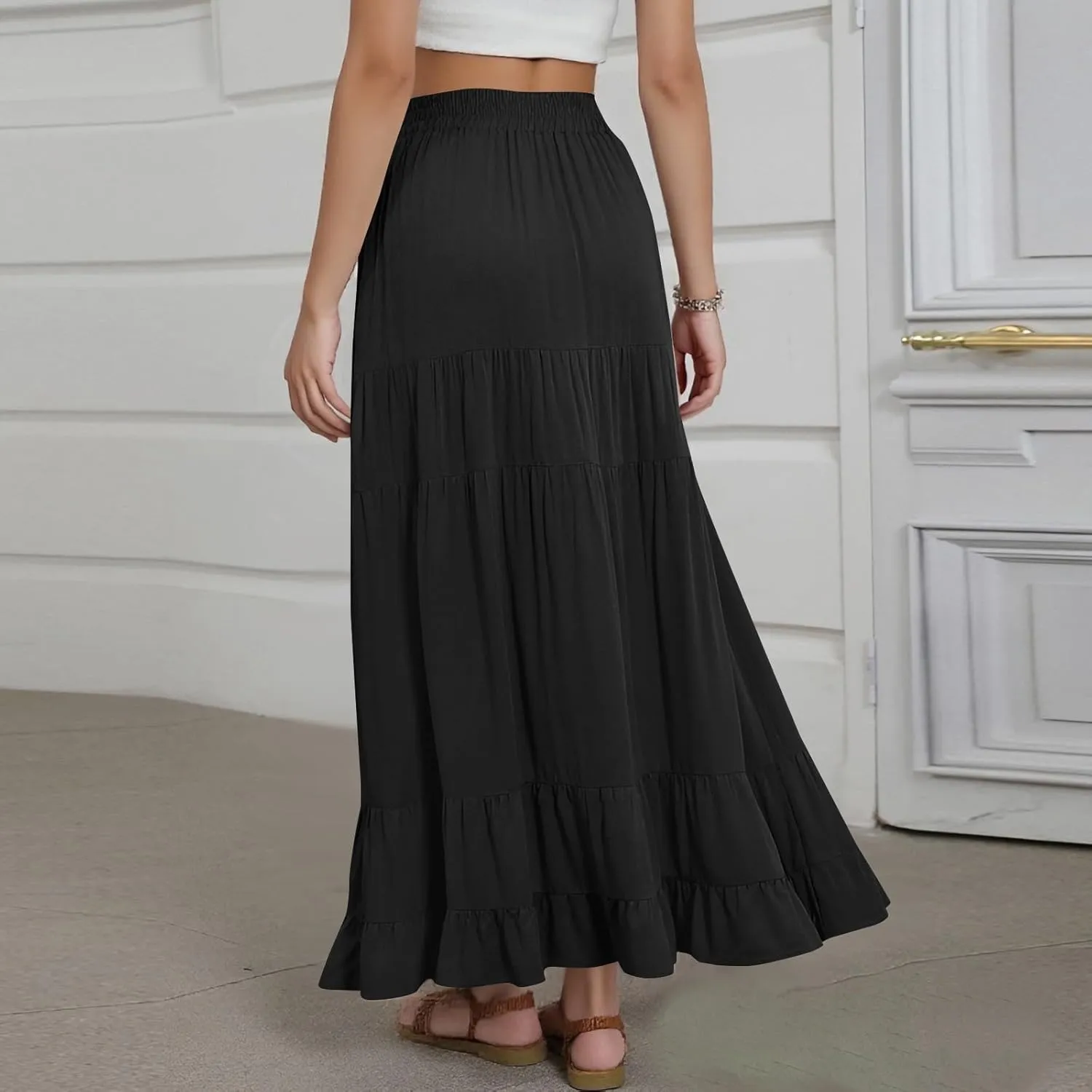 Summer Maxi Skirts for Women 2025 Long Elastic High Waisted Tiered Skirt Casual Boho Pleated A Line Beach Flowy Skirts