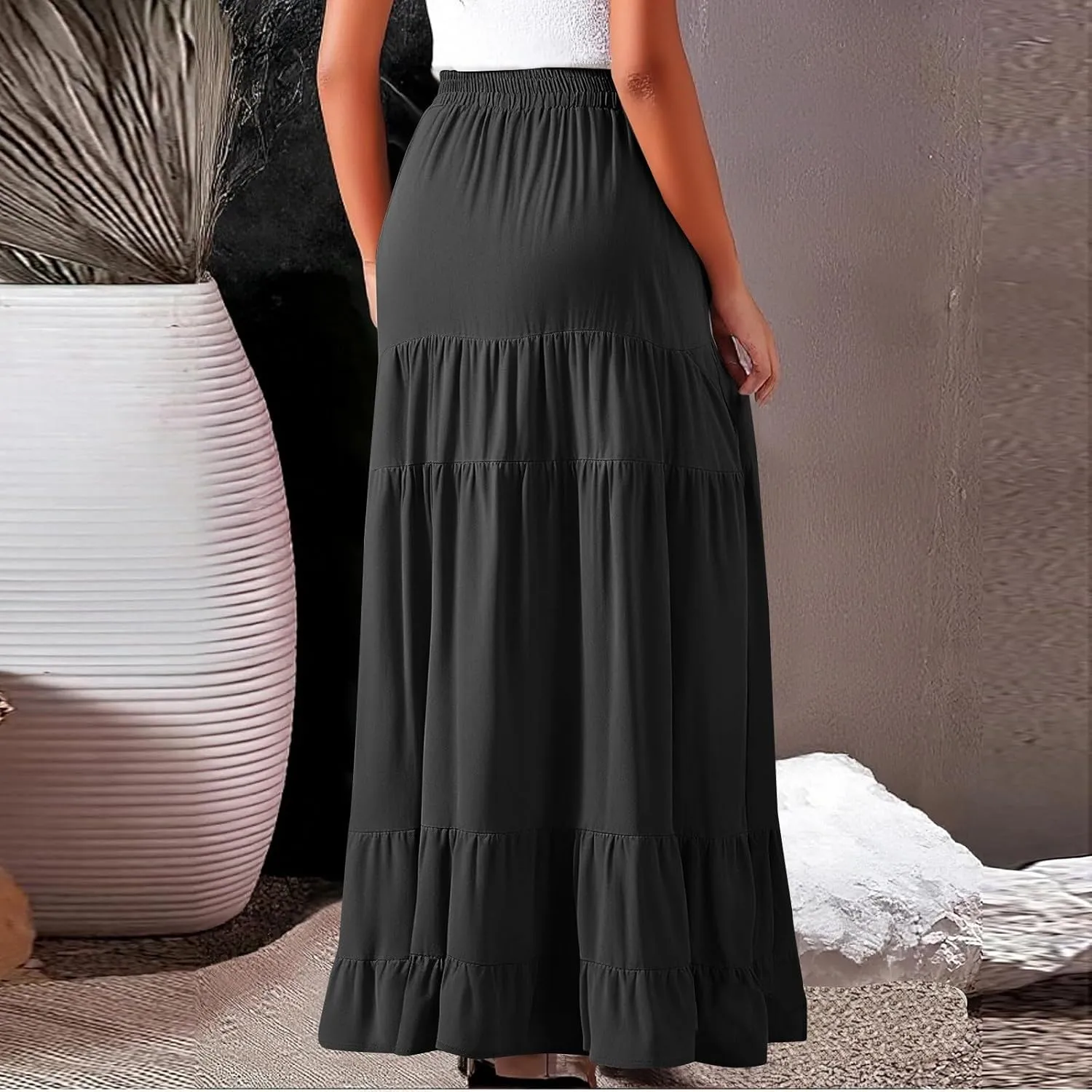 Summer Maxi Skirts for Women 2025 Long Elastic High Waisted Tiered Skirt Casual Boho Pleated A Line Beach Flowy Skirts