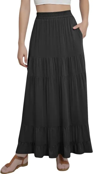 Summer Maxi Skirts for Women 2025 Long Elastic High Waisted Tiered Skirt Casual Boho Pleated A Line Beach Flowy Skirts