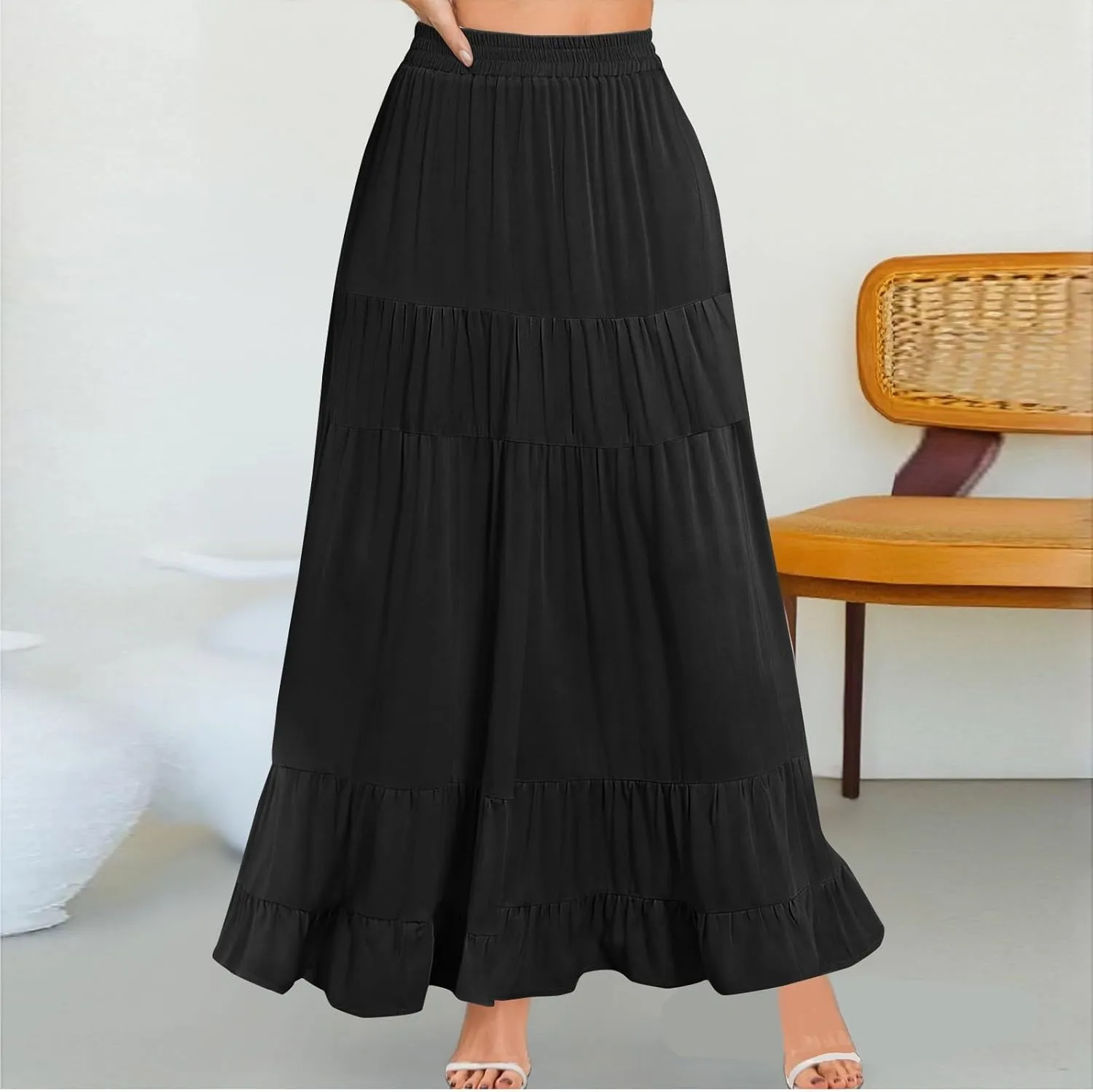 Summer Maxi Skirts for Women 2025 Long Elastic High Waisted Tiered Skirt Casual Boho Pleated A Line Beach Flowy Skirts