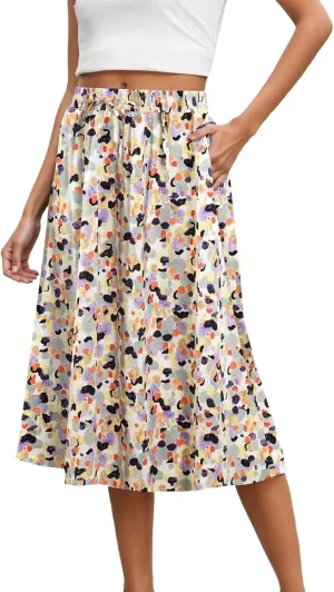 Summer Skirts with Pockets High Elastic Waist Bohemian A-Line Trendy Pleated Boha Floral Print Midi Skirts Streetwear