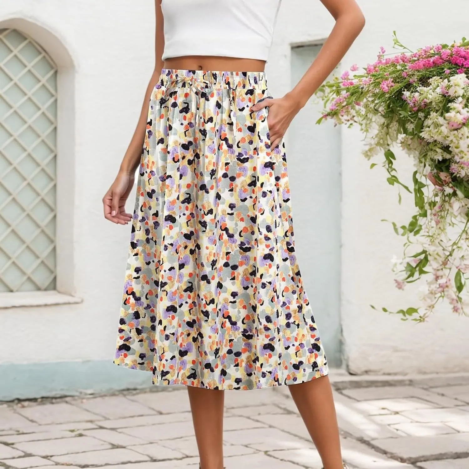 Summer Skirts with Pockets High Elastic Waist Bohemian A-Line Trendy Pleated Boha Floral Print Midi Skirts Streetwear