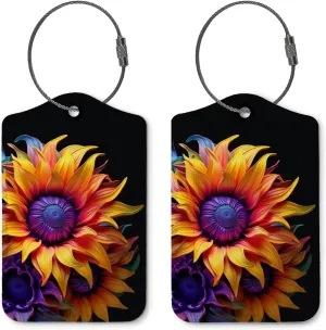 Sunflower Luggage Tags for Suitcases,Flora 2 Pack Baggage Tag Label with Steel Loop,Black Handbag School Bag Backpack Traveling Accessories