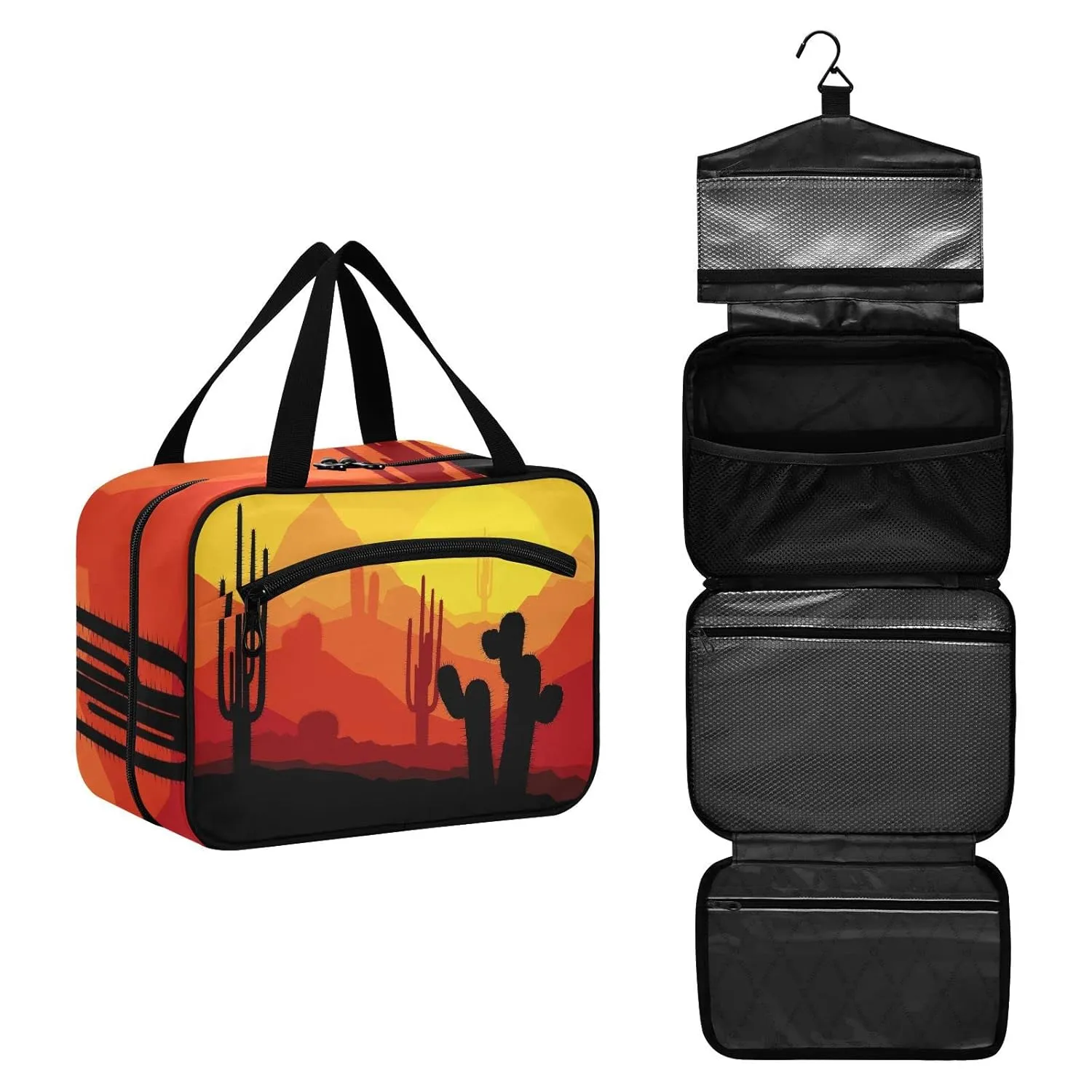 susiyo Tropical Cactus Plants in Desert Sunset Toiletry Bags with Hanging Hook Foldable Cosmetic Bag Travel Accessories - Large
