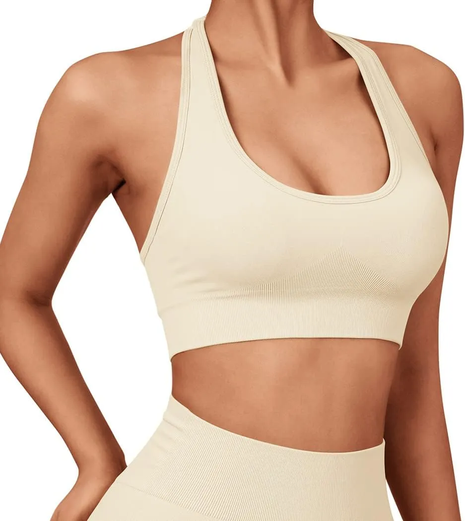 SUUKSESS Women Seamless Halter Sports Bra Open Back Padded Workout Crop Tank Tops