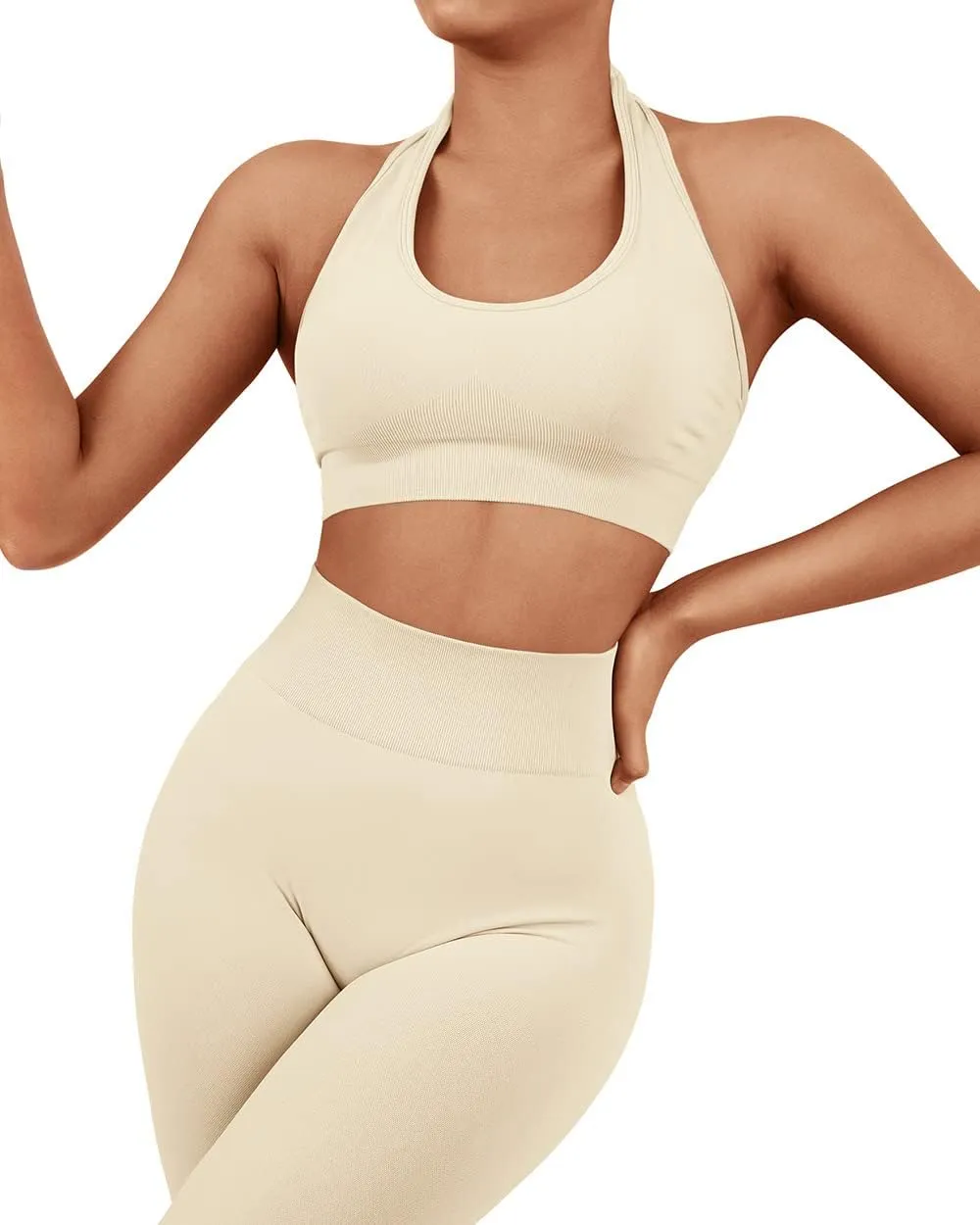 SUUKSESS Women Seamless Halter Sports Bra Open Back Padded Workout Crop Tank Tops
