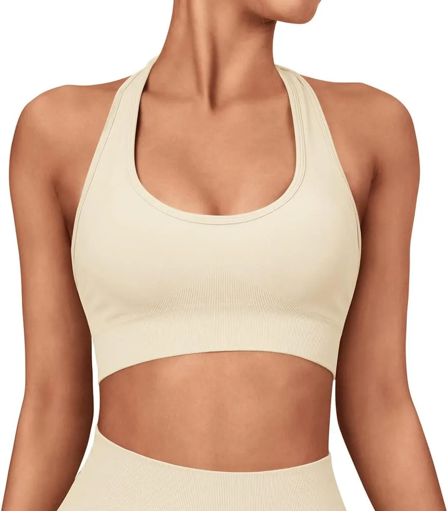 SUUKSESS Women Seamless Halter Sports Bra Open Back Padded Workout Crop Tank Tops