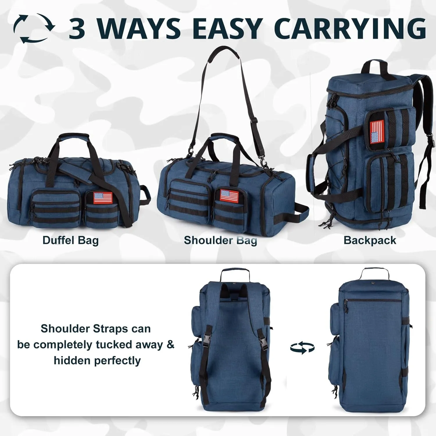 Tactical Gym Bag for Men50L Large 3 in 1 Sports Duffle Bag with Shoes Compartment for Travel,Water Resistant Travel Backpack Weekender Overnight Bag with Wet Pocket for Women