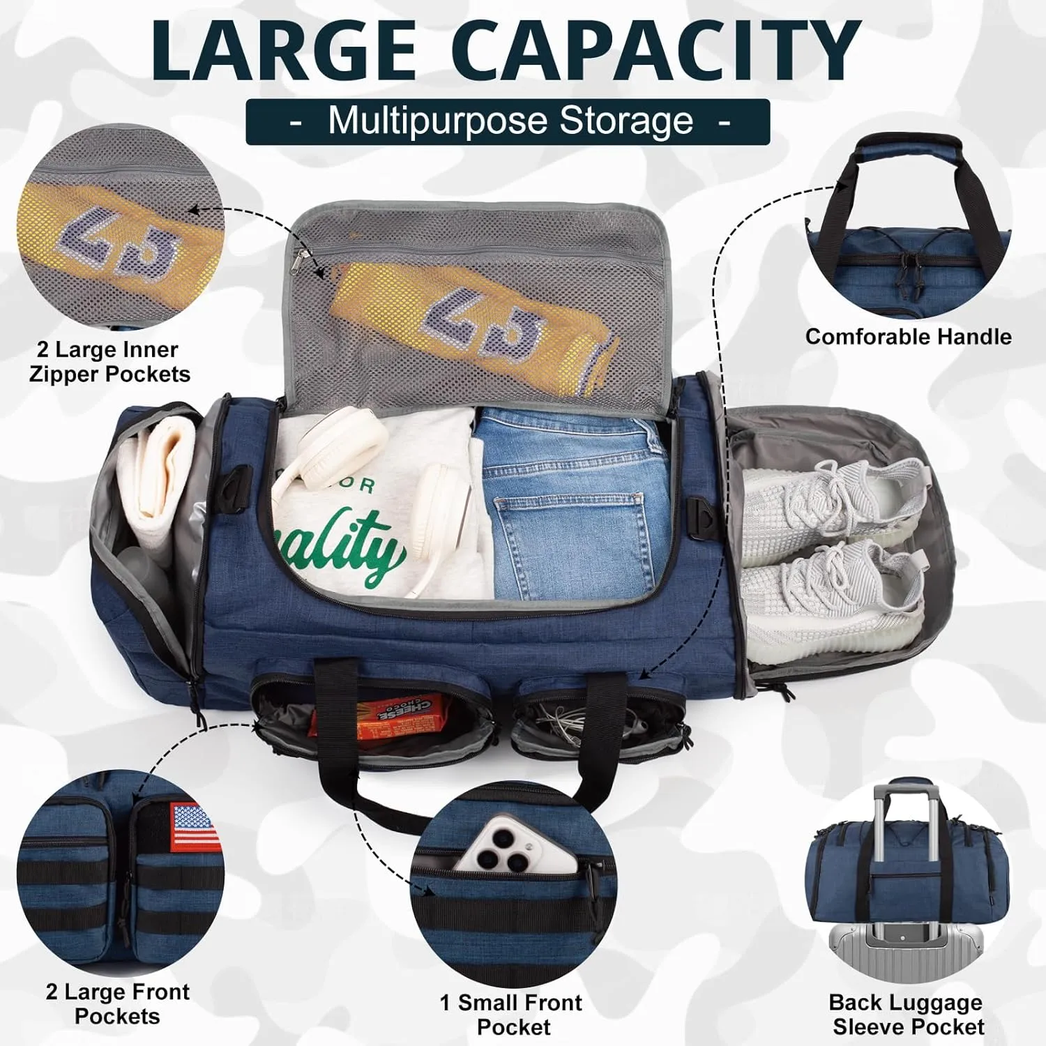 Tactical Gym Bag for Men50L Large 3 in 1 Sports Duffle Bag with Shoes Compartment for Travel,Water Resistant Travel Backpack Weekender Overnight Bag with Wet Pocket for Women