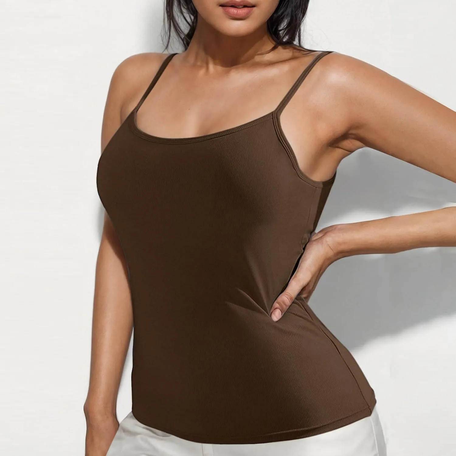 Tank Top with Built in Bra for Women Padded Ribbed Workout Camisole Casual Summer Padded Fitted Yoga Cami Shirts