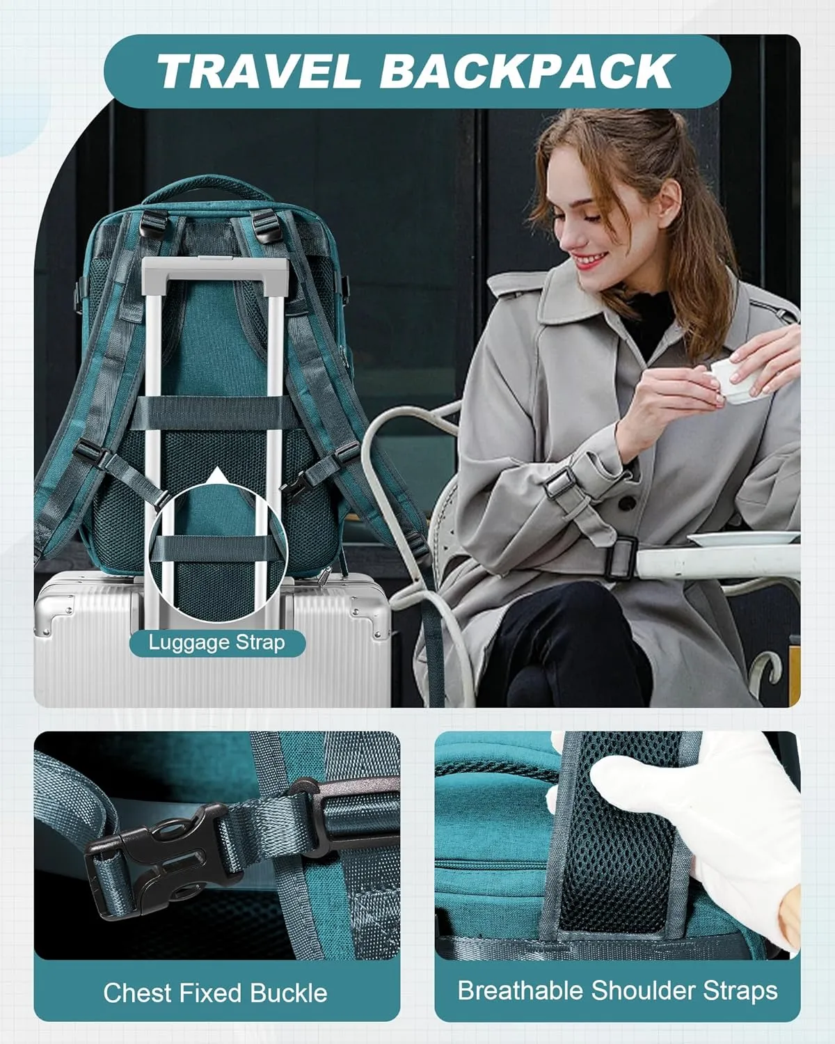 Travel Backpack for Men Women Carry On Backpack Flight Approved Laptop Backpack Luggage Backpack Weekender Bag for Outdoor Hiking Business Trip Peacock Blue