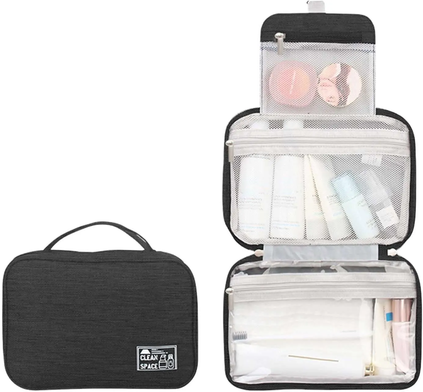 Travel Makeup Bag 10x6.6 Inch Portable Hanging Large Capacity Makeup Bag with 3 Comparment Water Resistant Cosmetic Organizer Countertop with Handle Toiletry Bag Shampoo,toiletries Full-Size Container
