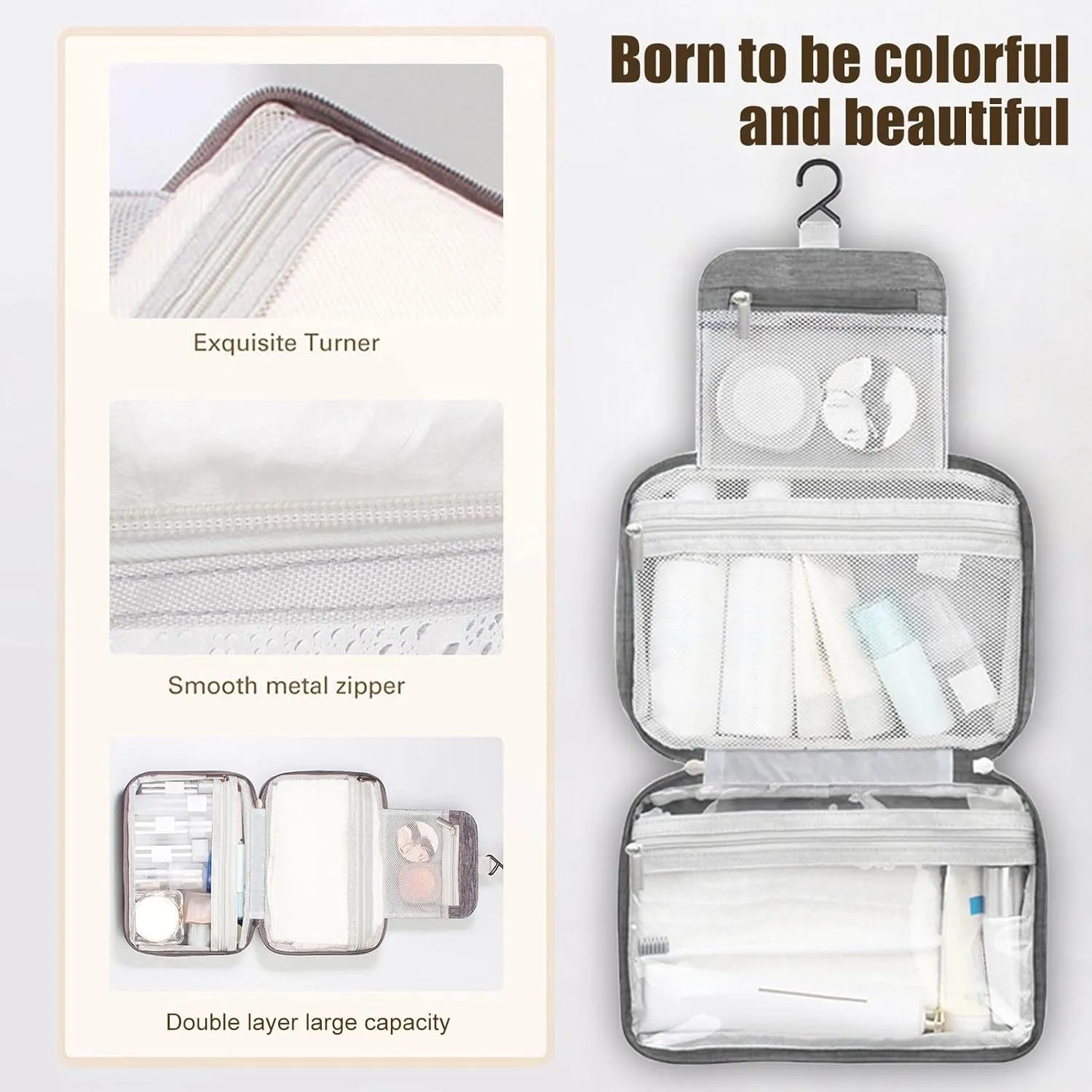 Travel Makeup Bag 10x6.6 Inch Portable Hanging Large Capacity Makeup Bag with 3 Comparment Water Resistant Cosmetic Organizer Countertop with Handle Toiletry Bag Shampoo,toiletries Full-Size Container
