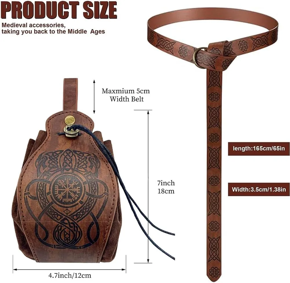Tvoip 2Pcs Medieval Viking Belt Knight Leather Belt Bag Renaissance Pirate Accessories Medieval Costume Men Women Belt Pouch