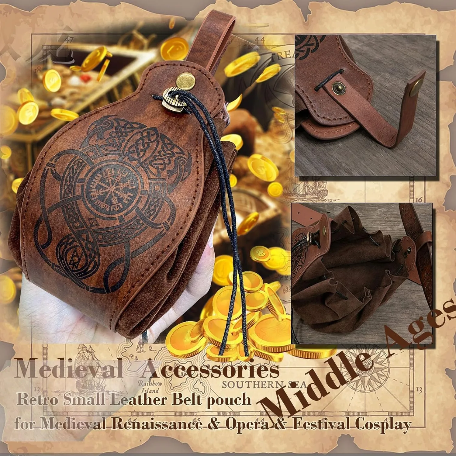 Tvoip 2Pcs Medieval Viking Belt Knight Leather Belt Bag Renaissance Pirate Accessories Medieval Costume Men Women Belt Pouch