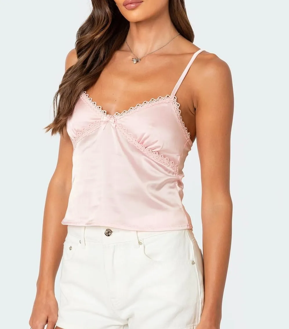 UAURORAO Women Sexy Lace Trim Tank Camisole Tops Spaghetti Strap V Neck Cropped Peplum Top Backless Y2k Going Out Tops