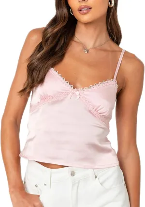 UAURORAO Women Sexy Lace Trim Tank Camisole Tops Spaghetti Strap V Neck Cropped Peplum Top Backless Y2k Going Out Tops