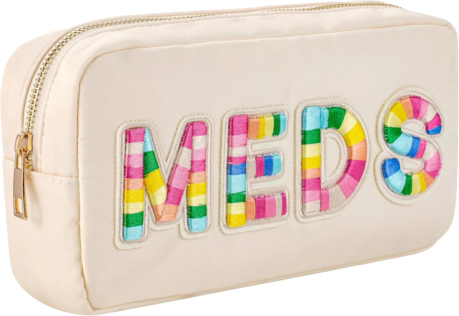 uekeboag Personalized Chenille Letter Patch MEDS Bag, Cute Nylon Drug Medicine Travel Makeup Bag with Zipper, Preppy Vitamin Organizer Bag for Women and Girls (Beige-Rainbow)