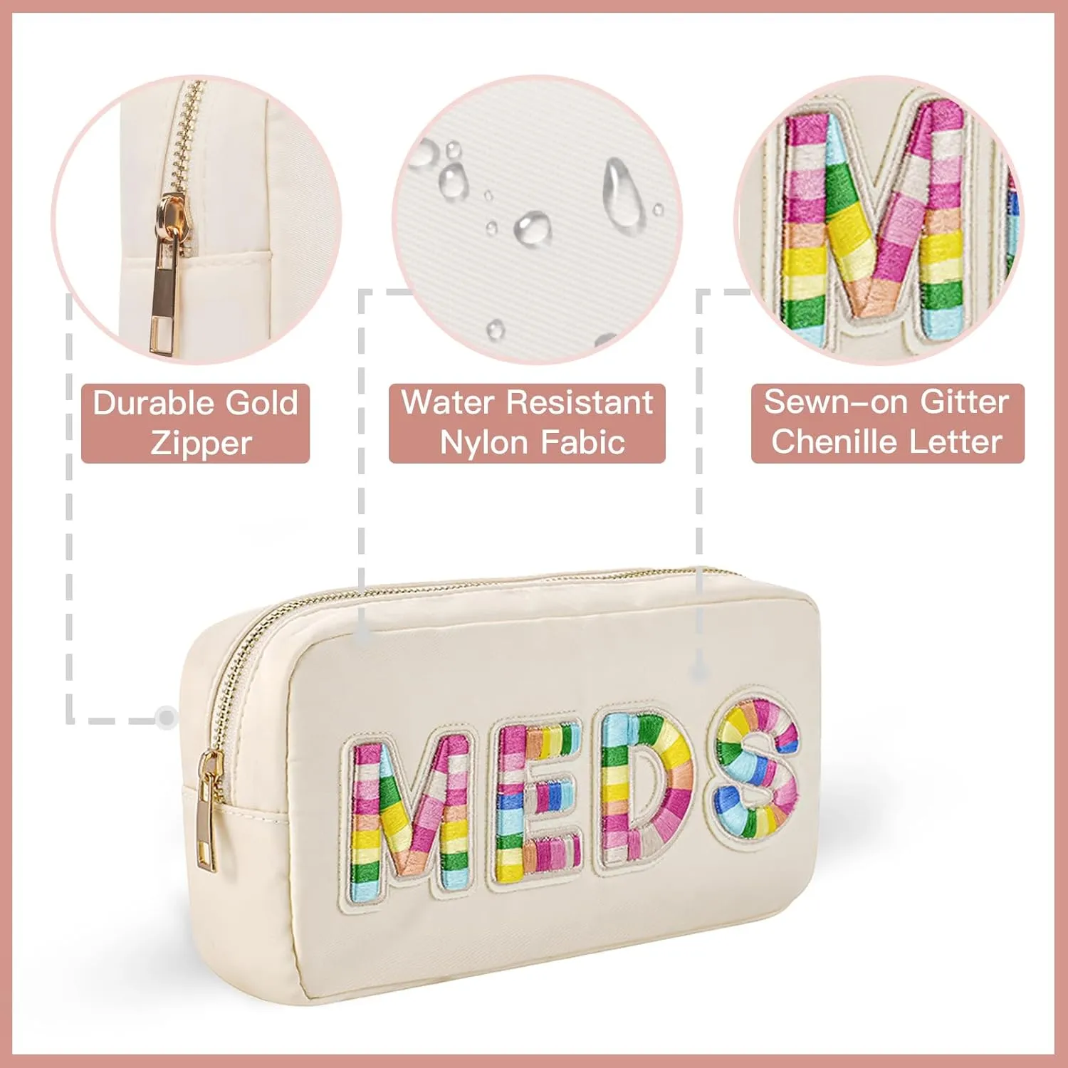 uekeboag Personalized Chenille Letter Patch MEDS Bag, Cute Nylon Drug Medicine Travel Makeup Bag with Zipper, Preppy Vitamin Organizer Bag for Women and Girls (Beige-Rainbow)