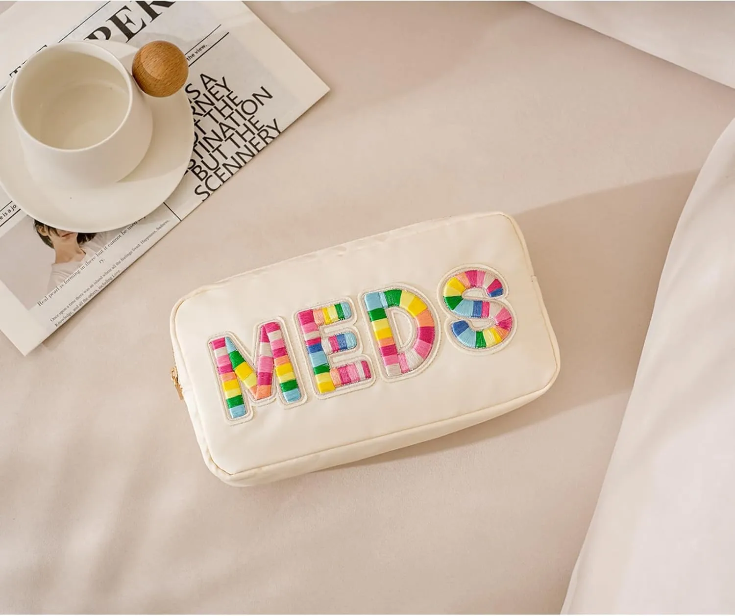 uekeboag Personalized Chenille Letter Patch MEDS Bag, Cute Nylon Drug Medicine Travel Makeup Bag with Zipper, Preppy Vitamin Organizer Bag for Women and Girls (Beige-Rainbow)