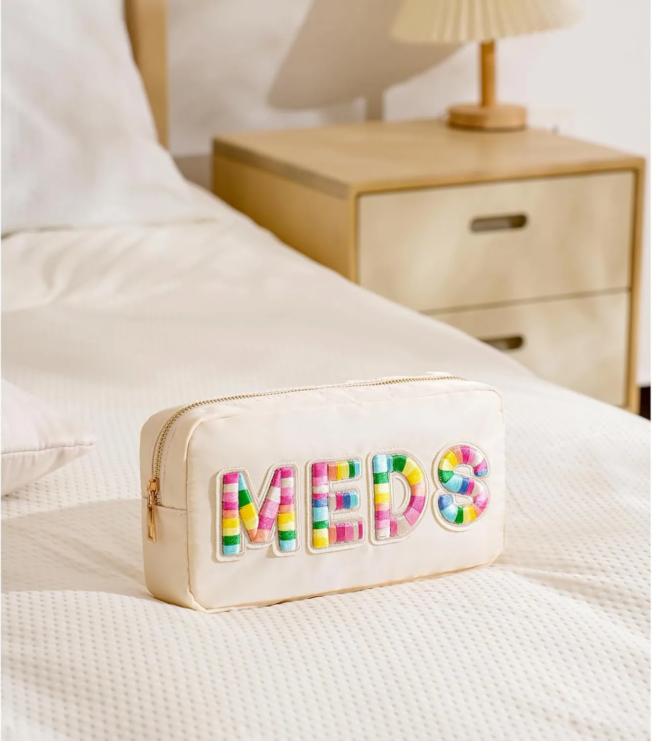 uekeboag Personalized Chenille Letter Patch MEDS Bag, Cute Nylon Drug Medicine Travel Makeup Bag with Zipper, Preppy Vitamin Organizer Bag for Women and Girls (Beige-Rainbow)