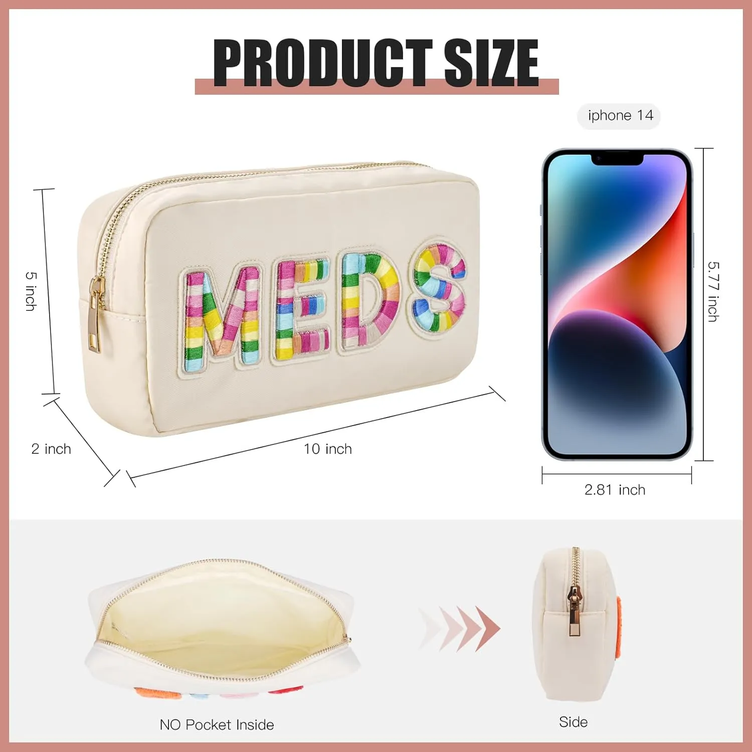 uekeboag Personalized Chenille Letter Patch MEDS Bag, Cute Nylon Drug Medicine Travel Makeup Bag with Zipper, Preppy Vitamin Organizer Bag for Women and Girls (Beige-Rainbow)