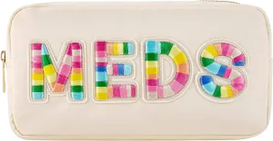 uekeboag Personalized Chenille Letter Patch MEDS Bag, Cute Nylon Drug Medicine Travel Makeup Bag with Zipper, Preppy Vitamin Organizer Bag for Women and Girls (Beige-Rainbow)