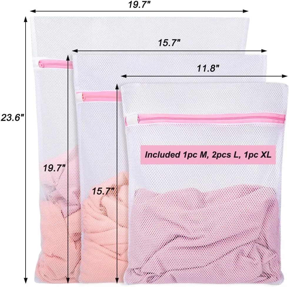 Vivifying Mesh Laundry Bags, 4pcs Durable Coarse Mesh Wash Bags with Zipper for Washing Machine, Delicates, Lingerie, Socks, Shoes and Stuffed Animals