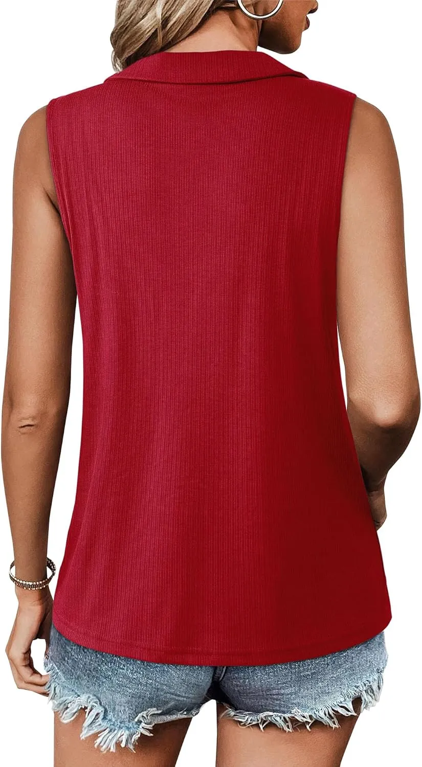 Vivilli Womens Ribbed Tank Top Zipper V Neck Dressy Casual Blouses Sleeveless Camisole Tops Work Tank Polo Shirts